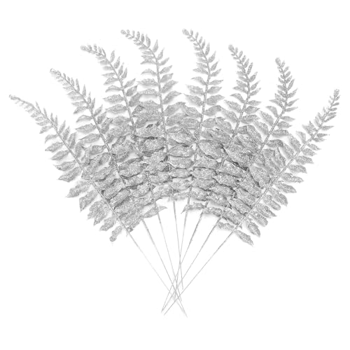 16Pcs Christmas Glitter Leaves Artificial Boston Fern Leaf Picks for Xmas Tree Decoration Vase Filler Flower Arrangment Hallloween Christmas Wreath DIY Crafts Decor (Silver)