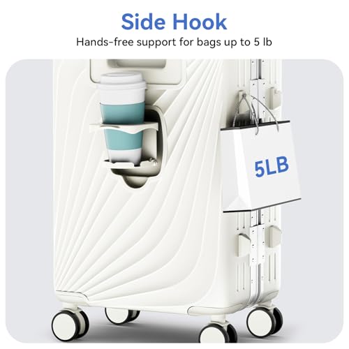 Image of Carry On Luggage, Hardside Zipperless Suitcase, Ivory White, 20 in | Airline Approved, Aluminum Frame, TSA Lock, 360Spinner Wheels, PC, Charger Port, Cup and Phone Holder, Side Hook