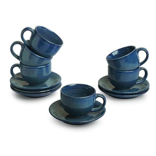 Image of ExclusiveLane 'Ocean Ripples' Ceramic Tea Cup and Saucer Set of 6 (Studio Pottery, 120 ml, Blue, Microwave Safe) |Ceramic Cup Saucer Set of 6 for Tea Cups with Saucer Chai Cup Coffee Cup with Saucers