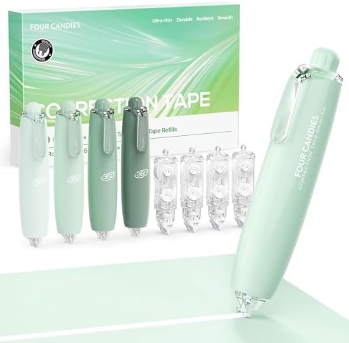 Four Candies Refillable Retractable White Correction Tape, 4PCS Smooth White Pull-Out Tape with 4 Extra Refills, Easy to Use Applicator for Instant Corrections for Office, School Supplies (Green)