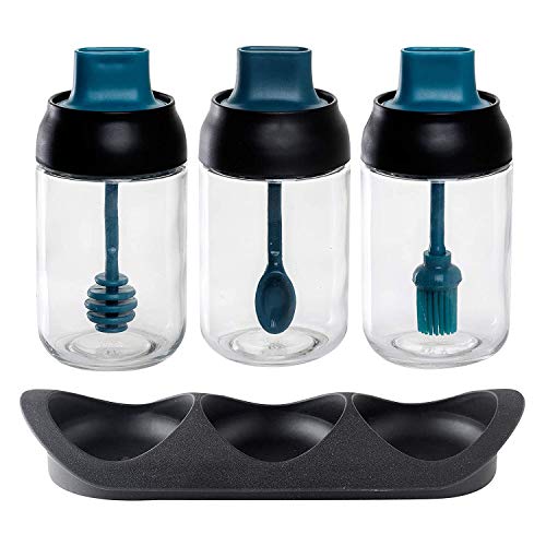 Giwnhvx 3 Tarros de Vidrio para, Frasco HerméTico para Condimentos, con Tapa y Cuchara, Cepillo de Aceite, Cuchara de Miel, Bandeja, 8,5 Onzas, Azul