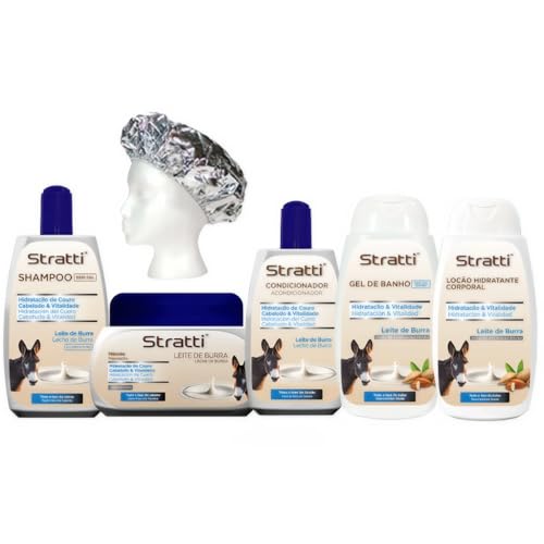 Pack mantenimiento Stratti Leche de Burra, Retinol & Keratina 6 productos - Champú + Mascarilla + Acondicionador + Gel de baño + Loción corporal + Gorra térmica