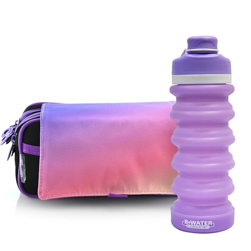 office box Estuche Triple Blush Pastel el Original- Porta Lápices de 3 Grandes apartados con Cierres de Cremallera, Múltiples Bolsillos y Horario e identificador. (Colormix-Morado + Bwater)