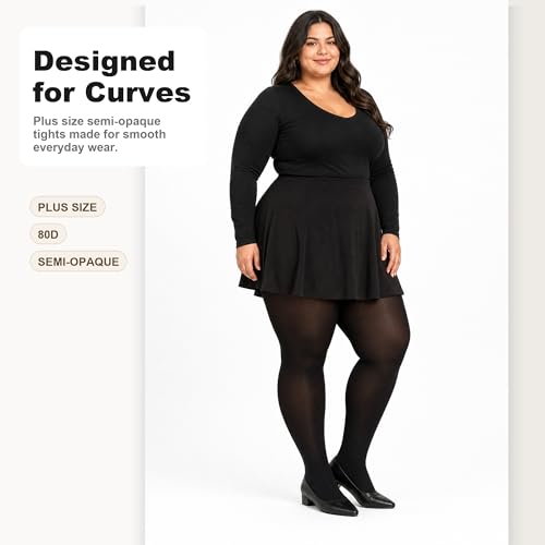 Image of HeyUU Plus Size 80D Semi-Opaque Tights, Soft High Waist, XL-4XL | Curvy Fit,No-Roll Waist,Soft Stretch,Smooth Coverage,Everyday Wear