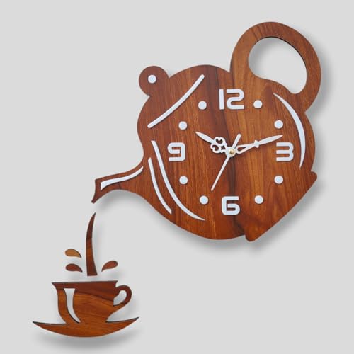 Image of cozyloom Tea Time Theme Wall Clock - Creative Wooden Wall Clock with Teapot & Cup Cutout DesignAnalog Kitchen Clock for Wall Decor & Gift Use (Light Brown)
