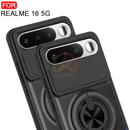 Image of Realme 16 5G Back Cover | Armor Camera Slider 360 Degree Rotating Finger Ring Holder Case with Bracket Stand Back Case Cover (Compatible with MagSafe Accessories) (Black)