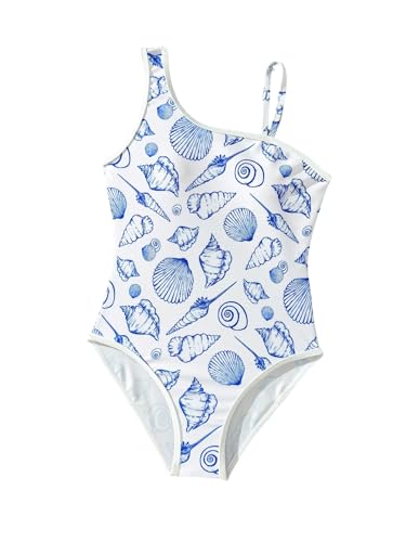 Milumia Girl's One Piece Swimsuits Seashell Print Asymmetrical Neck Bathing Suits Beachwear White 12 Years