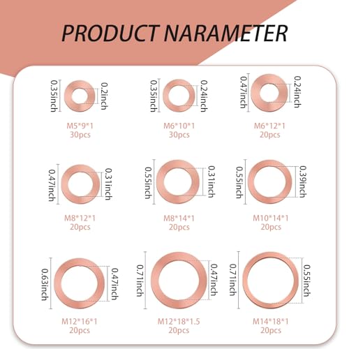 Image of 200 PCS Car Sealing Gasket Classification Combination Set, 9 Specs M5 M6 M8 M10 M12 M14 Copper Anti-Rust Washer, Waterproof Multi-Functional Oil Pan Plug Gasket, Universal for Cars (Gold)