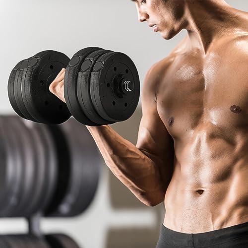Image of Yaheetech Adjustable Dumbbell Set Free Weights with Spinlock Collars, Black | Concrete-filled plastic plates, iron bar, non-slip grip; strong durability, easy weight adjustments for home gym beginners