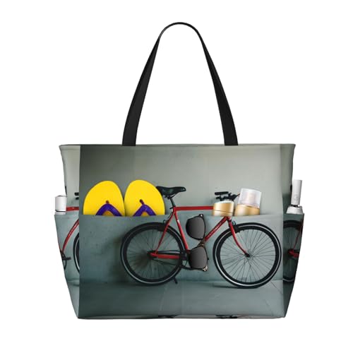 Retro bicycle pattern Beach Tote,Extra Large Beach Bag with Pockets Tote Bag Women Oversized Pool Bag Travel Essentials - Main Image