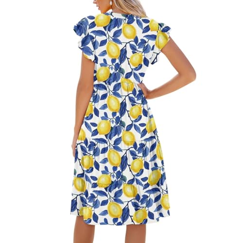 Image of Womens Summer Dress Ruffle Sleeve V Neck Dress Casual Fit Flowy Beach Vacation Sundress with Pocket S-2XL