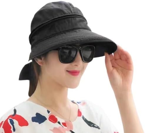 Polyester, Cotton 2 In 1 (Cap And Visor) Wide Brim Round Hat And Sun Visor, Uv Protection Summer Cap Hat, Breathable Casual Beach Safari For Women Girl Foldable Adjustable (Black)