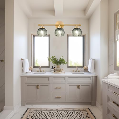 Image of Modern 3 Lights Wall Sconce Lighting, Vintage Bathroom Light Fixtures Gold Vanity Light, Farmhouse Green Glass Wall Lamp, Porch Wall Mount Light for Mirror Living Room Bedroom
