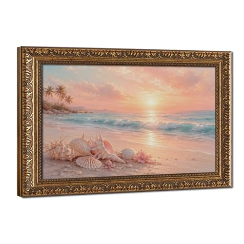Beach Canvas Wall Art Seashell Summer Ocean Sunset Painting with