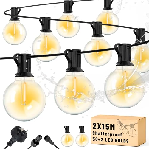 Cozylady Festoon Lights Outdoor 30+2M, String Light with 50+2 G40 Waterproof Shatterproof Bulbs, Plug-in Outdoor Light, Fairy Light for Garden Yard Wedding Party Balcony