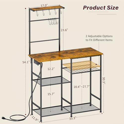 3IngSeagulls Bakers Rack with Power Outlet, Kitchen Microwave Stand with 10 S-shaped Hooks, 6-Tier Coffee Bar Station, Kitchen Storage Shelf Rack for Spices, Pots, Rustic Brown by 3IngSeagulls - Image 2