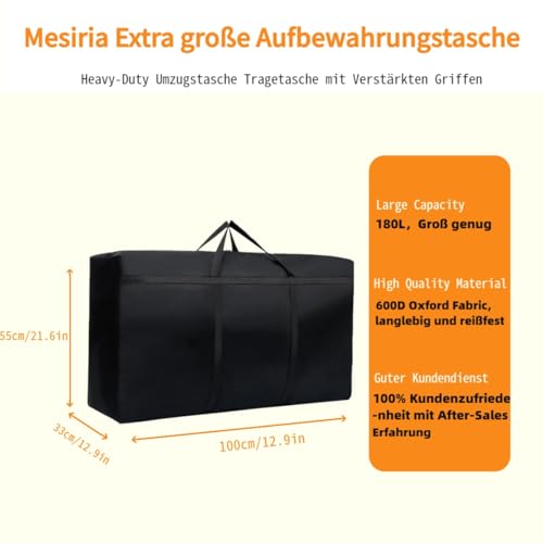 Mesiria Extra große Aufbewahrungstasche, 600D Oxford Starke Aufbewahrungstaschen, Heavy Duty Umzugstasche Tragetasche mit Verstärkten Griffen für Bettzeug Decken Kleidung (2 Stück,100*55*33CM,180L)