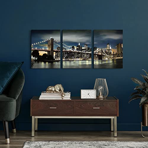 Bedroom City Canvas Wall Art: Modern Living Room Black New York Scene Picture Brooklyn Bridge Landscape Painting 3 Piece Vertical Home Night Nyc Cityscape Print 12X16 Gallery Manhattan Skyline Artwork #TOP4