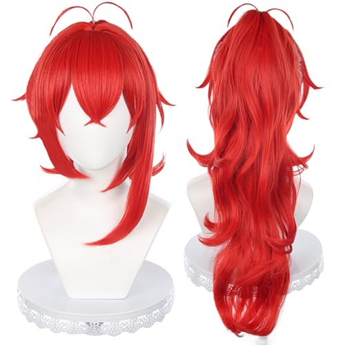 maysuwell Anime Bright Red wig with High Ponytail Long Wavy hair with Bangs Style Adult COS Game-Hero Cosplay wigs Halloween,Christmas