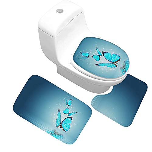 Badteppich Set,Badematten Teppich-Set 3-Teilig Blauer Schmetterling 3D-Druck Rutschfeste Badematten Weiche Mikrofaser…
