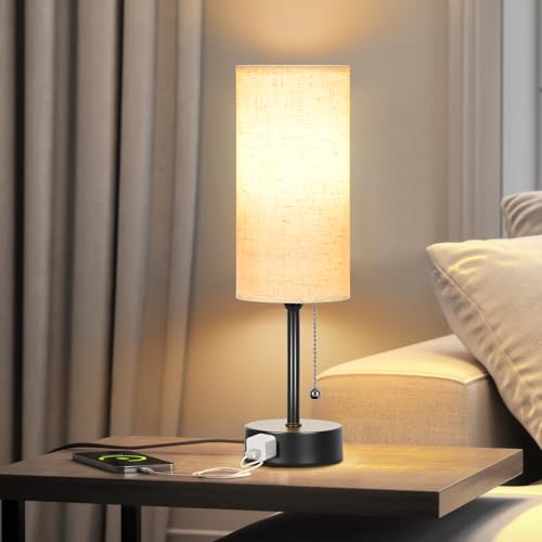 image for Dott Arts Bedside Table Lamp for Bedroom, 3-Color Small Lamps with Pul