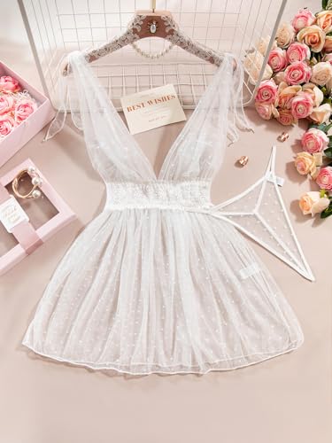 Lilosy Sexy Polka Dots Mesh Sheer Babydoll Chemise Lingerie Set Floral Lace Sleep Wear Women Deep V Slip Night Dress Nighty Negligee Gown With Thong 2 Piece White Large
