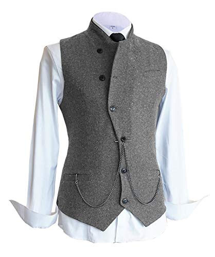 Men's Formal Suit Vest High Neck Slim Fit Tweed Waistcoat Herringbone Wool Wedding Vest