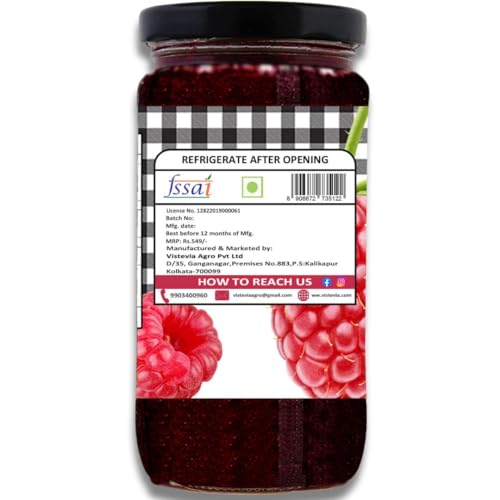 Image of VIStevia Sugar Free Raspberry Jam, Diabetic & Keto Friendly - Naturally Sweetened with Stevia And Contains More Than 60% Whole Berries - Tastes Delicious, Pack of 1 (400g)