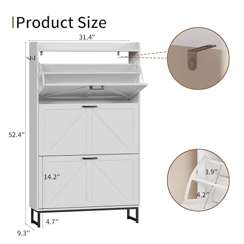 Image of Shoe Cabinet with 3 Flip Drawers, Freestanding Hidden Shoe Storage Organizer for Entryway, Narrow Slim Shoe Rack Cabinet with Open Storage & Hooks for Front Door Entrance, Living Room, Hallway, White