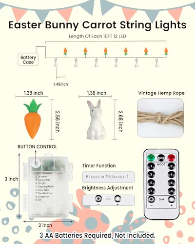 Image of YIQU Easter Decoration String Lights, 10FT 12LED Bunny Carrot Mantel Garland Battery Operated with Remote Timer 8 Modes, Hemp Rope Banner for Fireplace Table Wall Spring Party Indoor Outdoor Decor