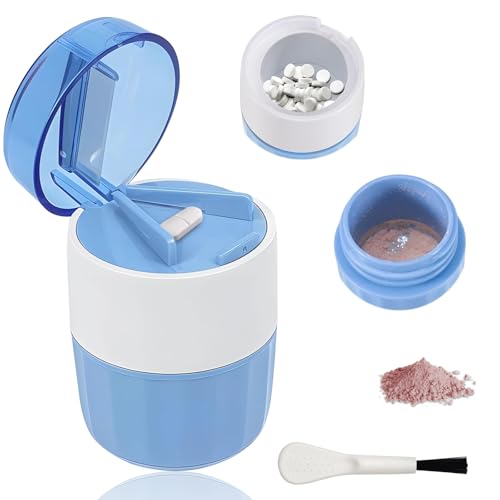 LAIVIYA Machacador De Pastillas, 3 En 1 Triturador De Pastillas, Partidor De Pastillas Con Cepillo, Triturador Pastillas, Sin Bpa, Apto Para Vitaminas, Comprimidos Y Pastillas (Azul)
