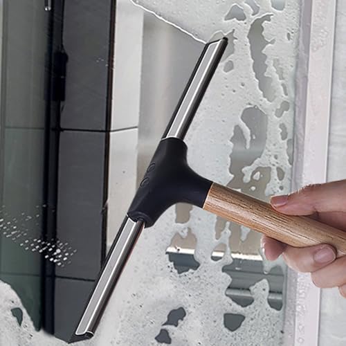 Image of 10 Inch Shower Squeegee with Wooden Handle Silicone Blade for Bathroom Shower Doors Mirrors Windows Cleaning Tool Water Wiper