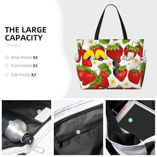 Fashion Strawberry Print Beach Bag Waterproof Beach Totes Bags For Women, Lightweight Foldable Pool Bag With Zipper Wet Compartment3