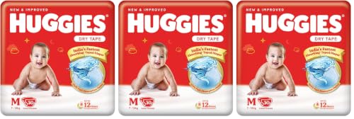 Image of Huggies Dry Tape | Adjustable Tape Style Diapers, Medium (M) Size (7-12 Kgs), Pack of 90 | Up To 2X Faster Absorption, Up To 12 Hours Overnight Absorption