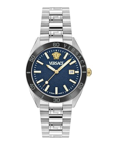 Versace V-Dome Collection Luxury Mens Watch Timepieces with a Silver Bracelet Featuring a Stainless Steel Case and a Blue Dial