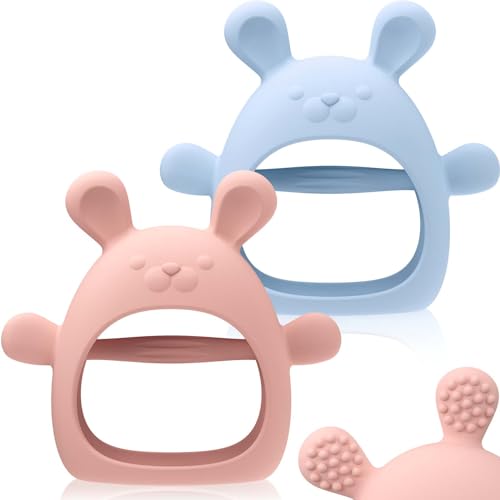 Image of OKIBB Baby Teething Toys Silicone 2 Pack Teethers Pacifier for Babies Over 3 Months Anti Dropping Wrist Hand Teethers Mitten Baby Chew Toys for Sucking Needs, BPA Free (Blue & Pink)