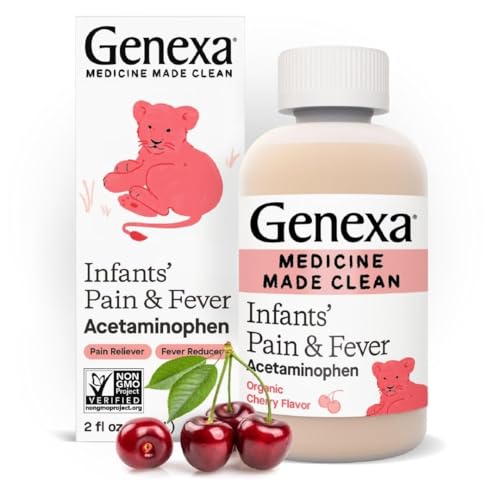 Image of Genexa Infants' Clean Acetaminophen | Pediatrician Preferred Ingredients | Pain Reliever & Fever Reducer for Babies| Dye Free, 0% Artificial Additives | Delicious Organic Cherry Flavor, 2 fl oz