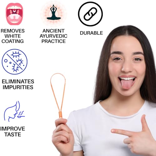 Image of 100% Pure Copper Single Handle Tongue Scraper Eco-Friendly Pouch for Adults and Kids - Durable Tongue cleaner Copper - Tough Scraper Oral Care & Hygiene-Unique design