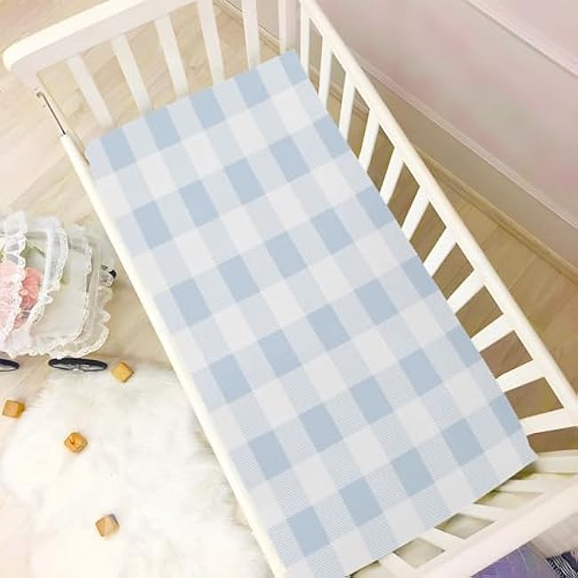 Kigai Blue Gingham Crib Sheets for Boys Girls Jersey Knit Fitted Crib Sheet Blue Gingham Sheets for Standard Crib and Toddler Bed Mattresses, Cozy Soft Breathable, 28 x 52 inch