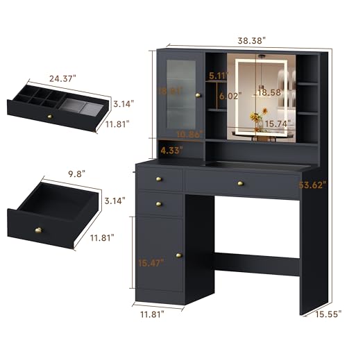 Image of HUANLEGO Vanity Desk with Mirror and Lights, Black Vanity with Lighted Mirror and RGB Cabinet & Jewelry Organizers, Makeup Vanity Desk with Lights, Glass Top Dressing Table for Girls Bedroom