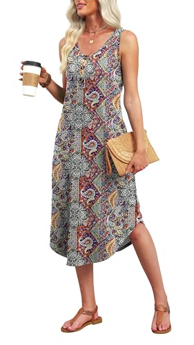 Image of WIHOLL Summer Dresses for Women 2026 Button Front Sleeveless Casual Midi Dress Beach Vacation Sundresses with Pockets