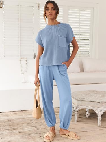 Image of ANRABESS Women's Two Piece Outfits Sweater Sets Knit Pullover Tops and High Waisted Pants Tracksuit Lounge Sets