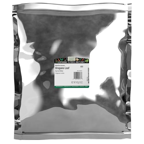 Pile of Frontier organic oregano leaf spices on white background