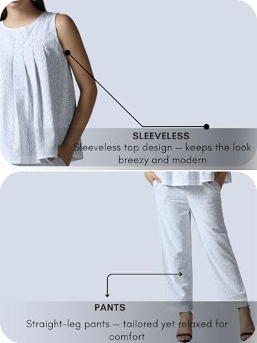 Image of GRECIILOOKS Co-Ord Set for Women stylish Solid| Jumpsuit For Women's Stylish | Dress | Travel | Sheer Cotton Textured Sleeveless Top And Straight Pants
