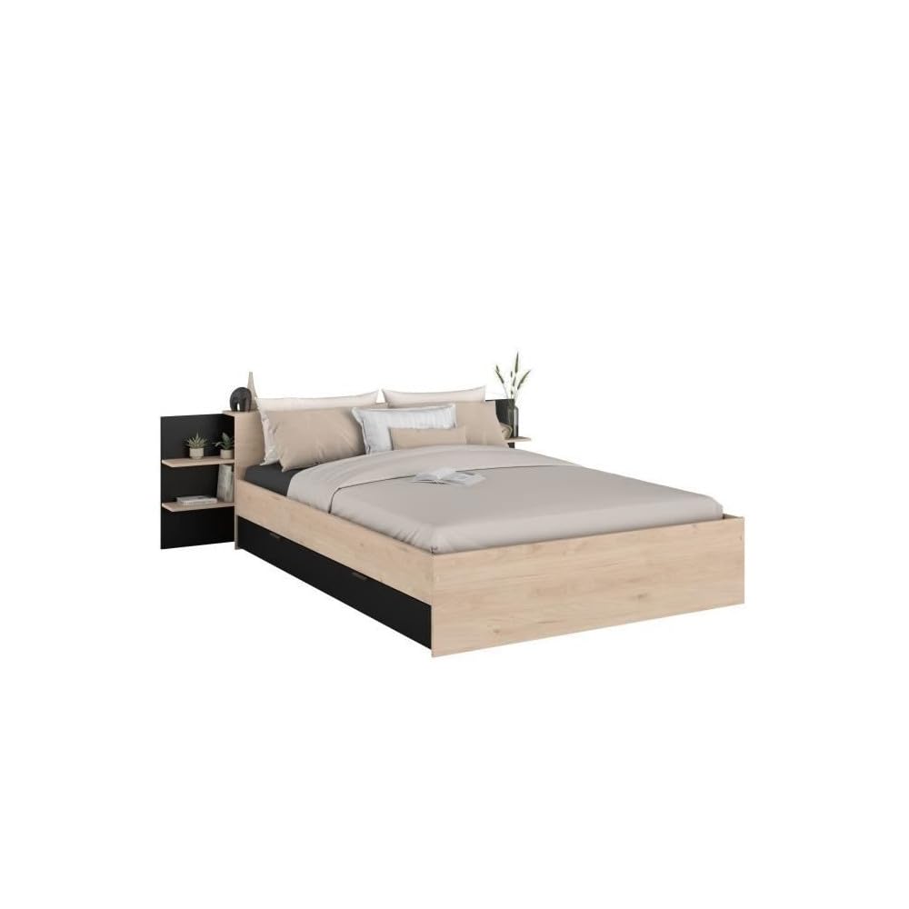 Parisot Lit Adulte Horn avec tiroir de Rangement - 140 x 190/​200 cm - Décor Chene et Noir