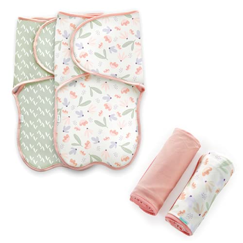 Image of Ingenuity Farewell Fuss Adjustable Easy-Wrap Baby Swaddle 2 Pack - Posy & Comfy Bundle 2-Pack Multi-Use Swaddle Blanket Set - Posy