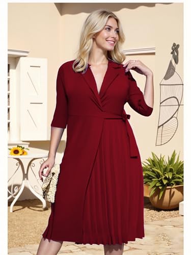 Image of Hostoyo Women's Plus Size Pleated Midi Dress Comfortable Suit Collar 3 /4 Sleeve Belted Casual Formal Work Church