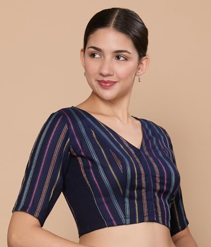 Image of Studio Shringaar Women's Cotton Handloom Stripes Stretchable (Smocked) Readymade Saree Blouse
