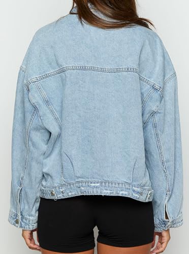 Women Distressed Light Wash Oversized Denim Jacket2