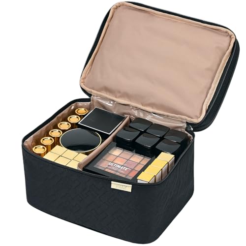 NISHEL Large Double Layer Travel Makeup Bag Women, Cosmetic Case, Organizer for Travel-Size Accessories Bottles, Brushes, Conditioner, and Skin Care Products, Black3